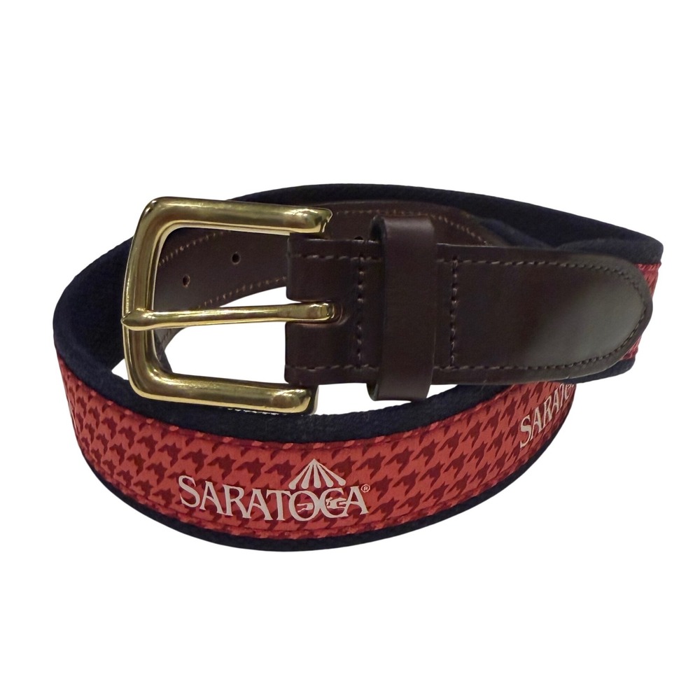 Vineyard Vines Saratoga Race Course Belt Mens 30 Red Houndstooth Canvas Leather